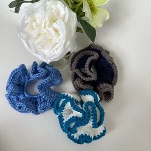 Crochet Scrunchies Handmade. White, teal, navy blue, gray.